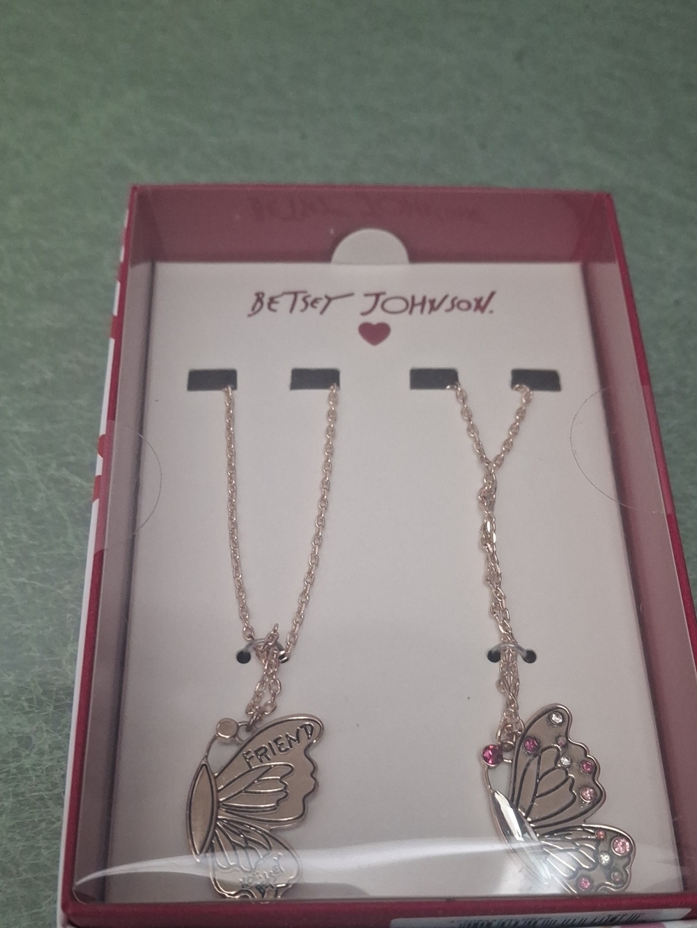 Betsey Johnson Bestfriend Gold Butterfly Necklace Duo with Pink Crystal Accents